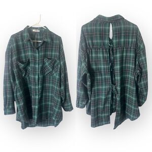 L.I.F.E. Flannel Top Womens XL Green Soft Grunge Button Tie Up Open Back Shirt